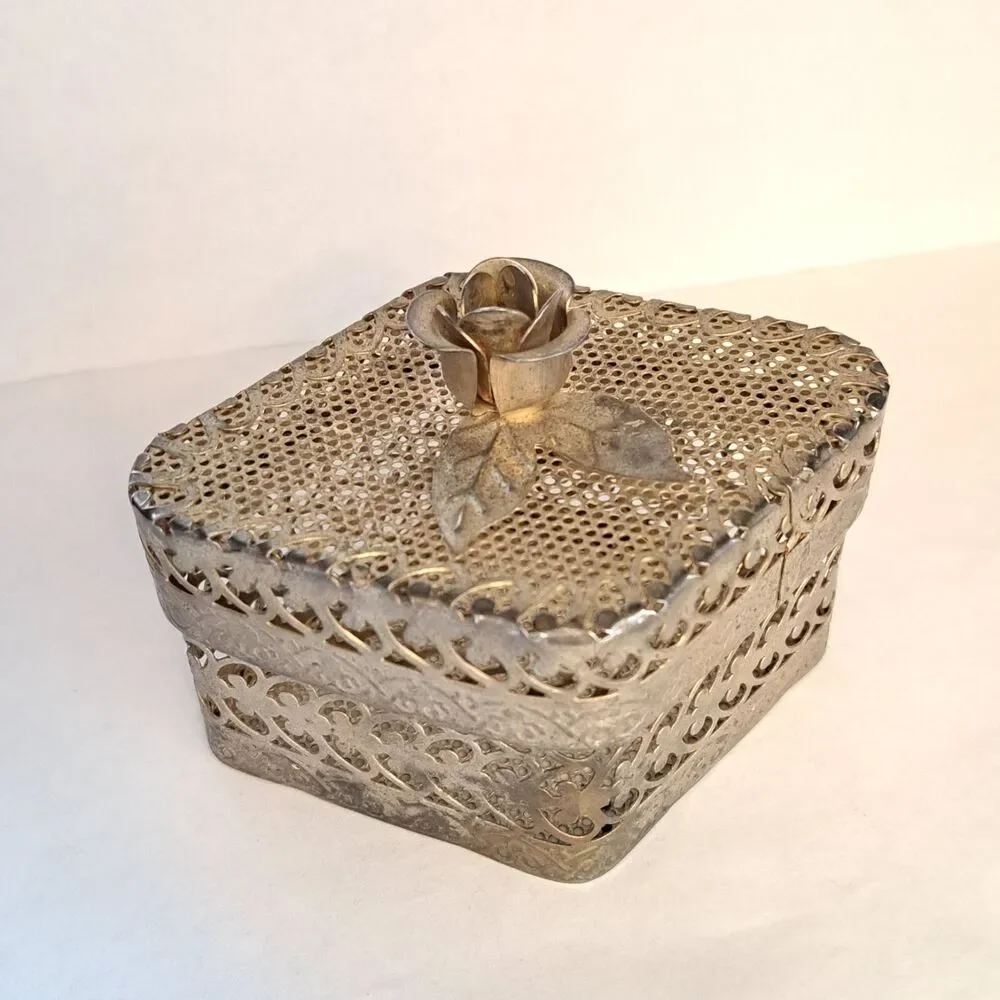 Vintage Metal Box Container Filigree Trinket with Lid and Rose on Top